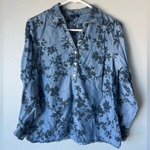 J. Jill blue floral print chambray Tencel Lyocell pullover denim top Women’s S